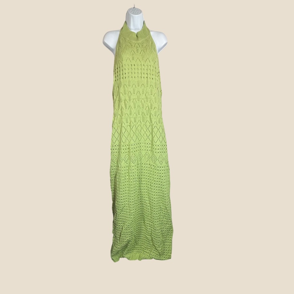 Floor Length Maxi Sweater Dress 3X Halter Lime Green Pointelle 70s Vibes Crochet